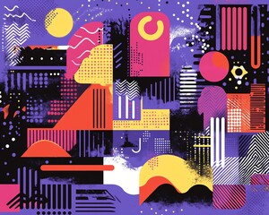 Poster - Abstract 80s Memphis style design elements against a vivid purple background, combining funky squiggles and geometric shapes for a lively retro aesthetic