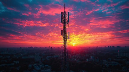 Poster - towering communication antenn against cityscape at sunset symbolizing modern signal transmission and connectivity.stock image