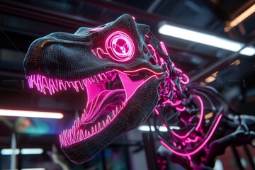 A cyberpunk dinosaur exhibit, with neon lights illuminating digital skeletons