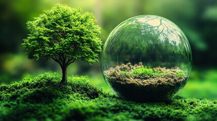 Poster - tree encased in glass sphere on lush green surface symbolizing protection and conservation of nature