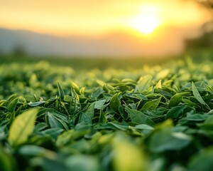 Intimate view of dried green tea leaves, emphasizing their organic nature and benefits for use as a natural fertilizer to improve soil quality and nutrients