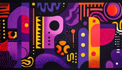 Poster - Vivid purple background adorned with classic 80s Memphis design elements, showcasing lively geometric shapes and squiggles for an abstract retro feel
