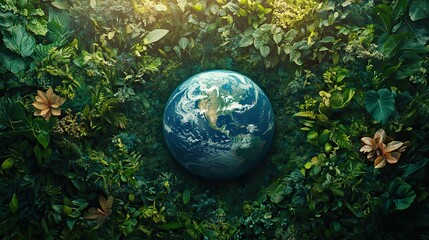 Poster - vibrant depiction of earth surrounded by lush greenery symbolizing eco friendly living and environme