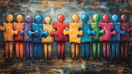 Poster - vibrant stylizeddepicting diverse group of people holding and connecting colorful puzzle pieces symbolizing teamwork collaboration and unity in achieving common goals.image