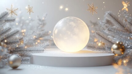 Poster - A white, glowing orb sits on a round, white pedestal in a winter-themed scene. The orb is surrounded by frosted pine branches and small, golden snowflakes.