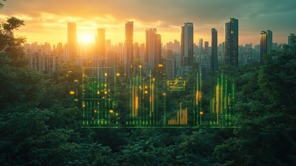 Poster - vibrant urban landscape featuring lush greenery and modern buildings overlaid with transparent dat charts and graphs symbolizing eco friendly business practices and sustainable reporting