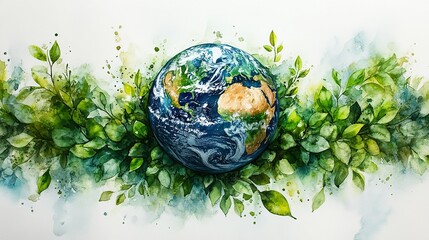 Poster - watercolor painting of earth surrounded by green leaves symbolizing environmental conservation and s