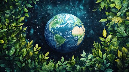 Poster - watercolor painting of earth surrounded by green leaves symbolizing environmental protection and the