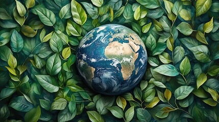 Poster - watercolor painting of earth surrounded by lush green leaves symbolizing ecosystem conservation and 