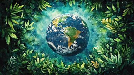 Poster - watercolor painting of earth surrounded by lush green leaves symbolizing ecosystem conservation and 