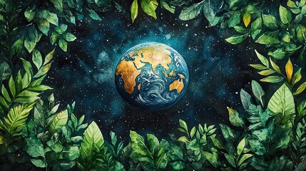 Poster - watercolor painting of earth surrounded by lush green leaves symbolizing ecosystem conservation and 