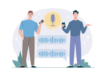Poster - people with audio message. men listening to voice message on smartphone. communication adn interacti