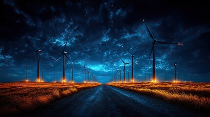 Poster - wireframe of wind turbines showcasing advanced design and performance analysis highlighted in blue tones emphasizing the intricacies of renewable energy technology.stock image