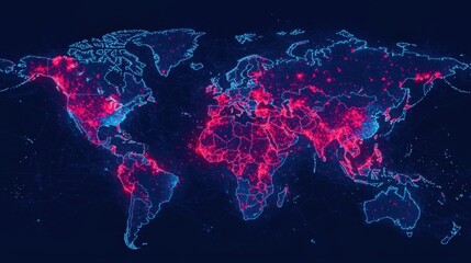 Poster - A vibrant world map visualizing data points in glowing pink and blue, highlighting urban concentrations and connectivity across continents.