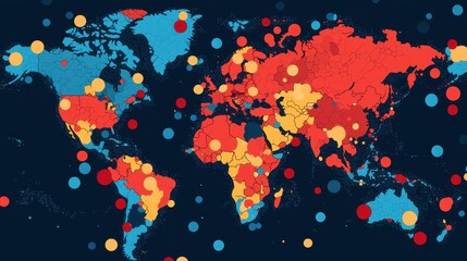 Poster - A colorful world map highlighting various regions with vibrant dots in red, blue, yellow, and orange, indicating different data points or themes.