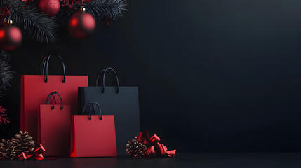 Elegant display of red and black shopping bags on dark background with copy space on right. Black Friday deals, holiday promotions or seasonal sales