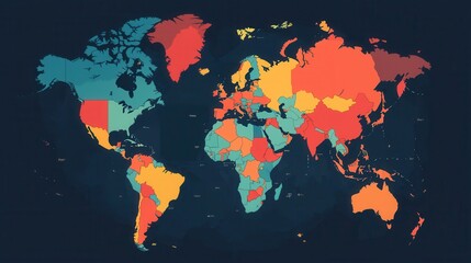 Poster - A colorful, stylized world map showcasing different countries in vibrant hues against a dark background.