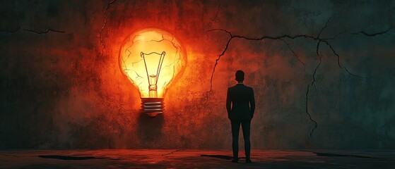 Aufkleber - 3D rendering of a man in a suit gazing at a glowing Idea sign with a lit lightbulb, set against a textured cracked wall background, symbolizing inspiration