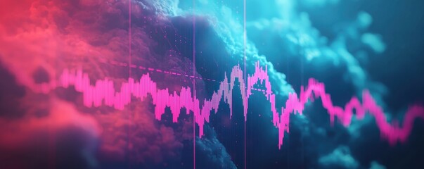 A vibrant soundwave graphic featuring pink and blue colors, illustrating audio frequencies and modern digital design.