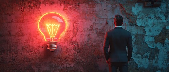 Leinwandbilder - 3D rendering of a man in a suit gazing at a glowing Idea sign with a lit lightbulb, set against a textured cracked wall background, symbolizing inspiration
