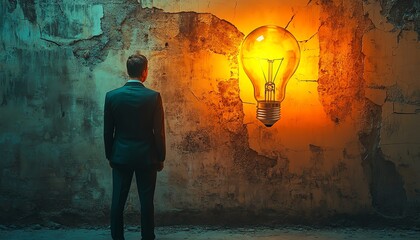 Leinwandbilder - Contemporary image of a man in a suit staring at a bright Idea sign and an illuminated lightbulb, set against a distressed cracked wall for visual impact
