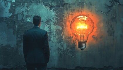 Leinwandbilder - Contemporary image of a man in a suit staring at a bright Idea sign and an illuminated lightbulb, set against a distressed cracked wall for visual impact