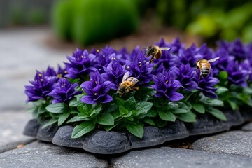a wild patch of ajuga reptans blooming freely, with bees buzzing among the flowers