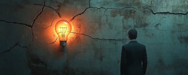 Leinwandbilder - Stylized 3D image of a man in a suit observing a glowing Idea symbol and a lit lightbulb on a weathered cracked wall, highlighting themes of creativity and innovation