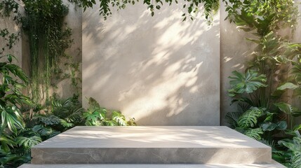 Poster - green foliage and stone slab presentation light colored podium and platforms 3d visualization