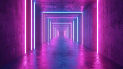 Poster - Empty tunnel corridor with a black light glow showcasing a cement studio background in a 3D rendering