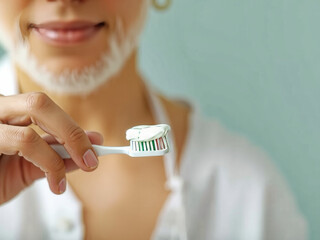 Sticker - A woman is brushing her teeth with a white toothbrush and white toothpaste. She is holding the toothbrush in her hand and is focused on cleaning her teeth