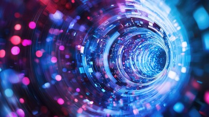 Poster - Panoramic view of high speed technology featuring an abstract background with light effects Depicts motion in vibrant blue and purple neon hues symbolizing innovation and advancement