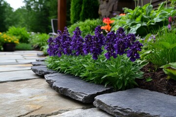 Blue Bugle growing between pavers on a garden path, creating a charming natural effect