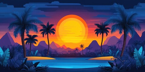 Silhouette of palm and tropical trees against a sunset backdrop on a beach, Tropical beach sunset with silhouettes of palm and tropical trees