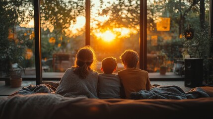 Poster - Three children sit together on a couch, gazing out of large windows as the sun sets, casting a warm glow over their cozy living room.