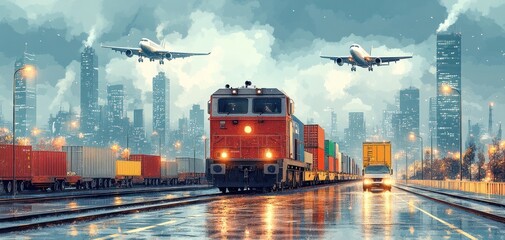 Cargo Train and Airplanes in Cityscape