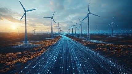 Poster - wireframe of wind turbines showcasing advanced design and performance analysis highlighted in blue tones emphasizing the intricacies of renewable energy technology.image