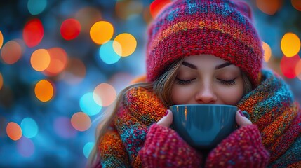 Poster - woman enjoys mindful moment with cup of coffee amidst colorful bokeh lights reflecting tranquility and presence.image