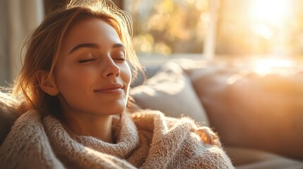 Poster - woman enjoys peaceful moment with cup of coffee basking in soft sunlight symbolizing mindfulness and relaxation.stock image