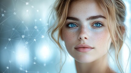 Poster - woman with contemplative expression and neural network overlay symbolizing cbt introspection.image