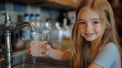 Poster - young girl opens water tap filling glass with pure safe and clean water showcasing home filtration system.image
