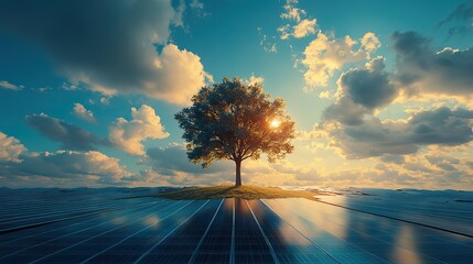 Poster - young vibrant tree sprouting from the center of field of solar panels symbolizing the growth of renewable energy and sustainable future with zero carbon emissions.image