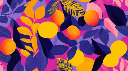 fruit print and plants print in orange yellow pink purple colored citrus branches exotic seamless patchwork pattern. fashion trendy banner background for fabric textile design wallpaper