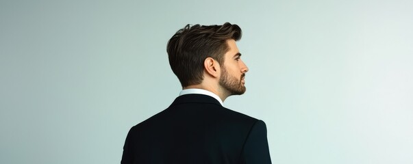 Man in suit, back view against a gray background.