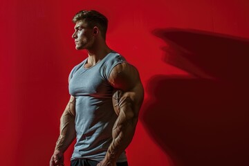 Wall Mural - Muscular man with a focused expression, standing against a solid color backdrop, representing the harmony of strength and mental agility, perfect for gym marketing