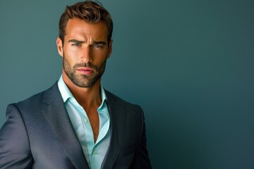 Wall Mural - muscular man in a sharp suit, presenting with confidence against a solid color background, blending 