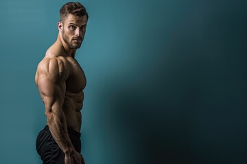 Wall Mural - fit man with a muscular build confidently standing against a solid color backdrop, blending professi