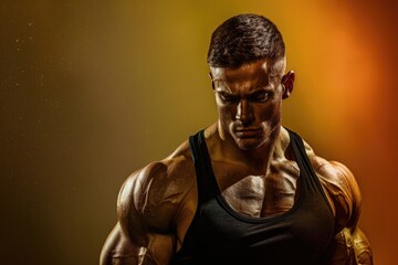 Wall Mural - muscular man with a calm, determined expression, solid color background representing the integration