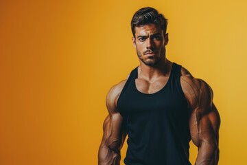Wall Mural - a strong, fit man with a focused expression, solid color backdrop blending physical power with menta