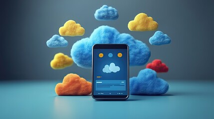 Poster - abstractof cloud based communication with smartphone clouds and speech bubbles represents digital interaction and modern technology